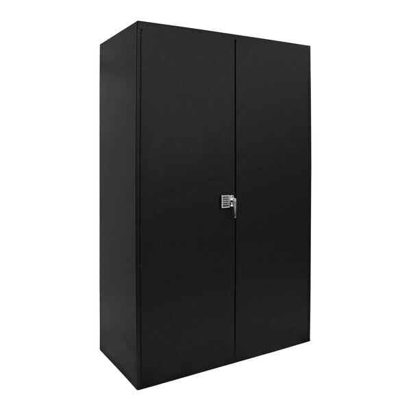 A Valley Craft black steel storage cabinet with two doors and a lock.