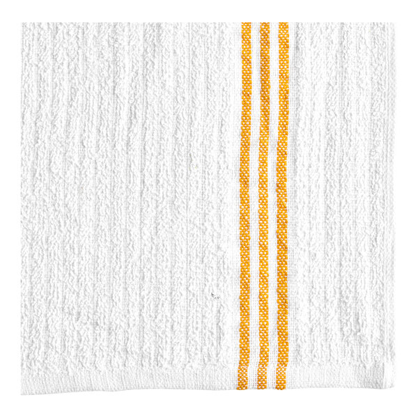 A white towel with yellow stripes.