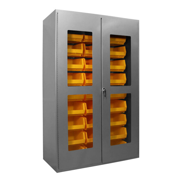 A grey metal Valley Craft storage cabinet with yellow bins.