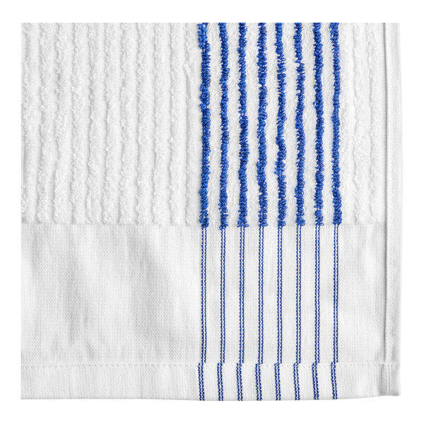 A close up of a white towel with blue stripes.
