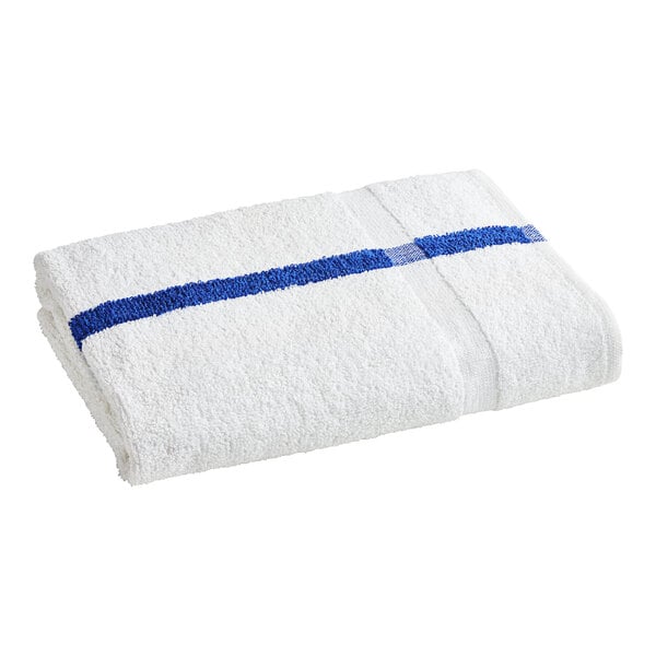 A white towel with blue stripes on it.