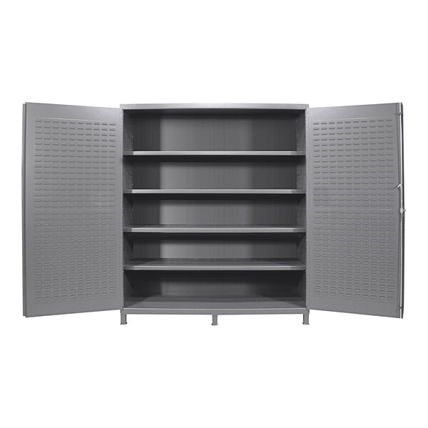 A grey metal Valley Craft storage cabinet with shelves.