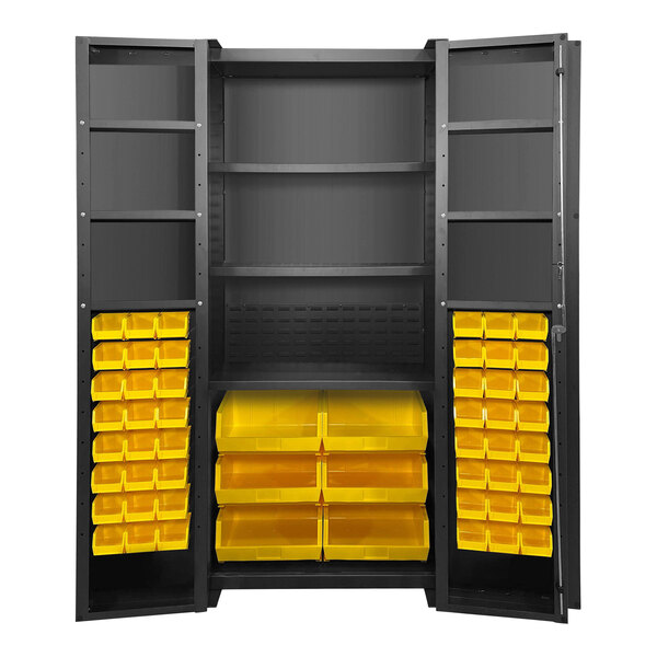A black Valley Craft storage cabinet with yellow bins and door shelves.