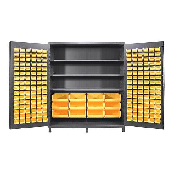 A grey metal Valley Craft storage cabinet with yellow bins on three shelves.