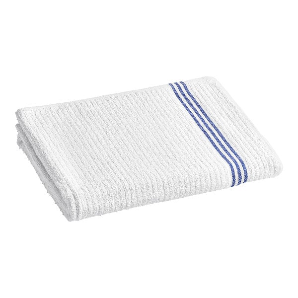 A white gym towel with blue stripes.