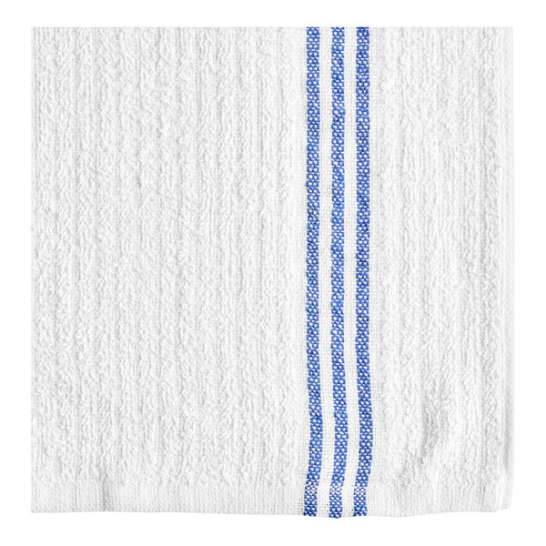 A close-up of a white towel with blue stripes.