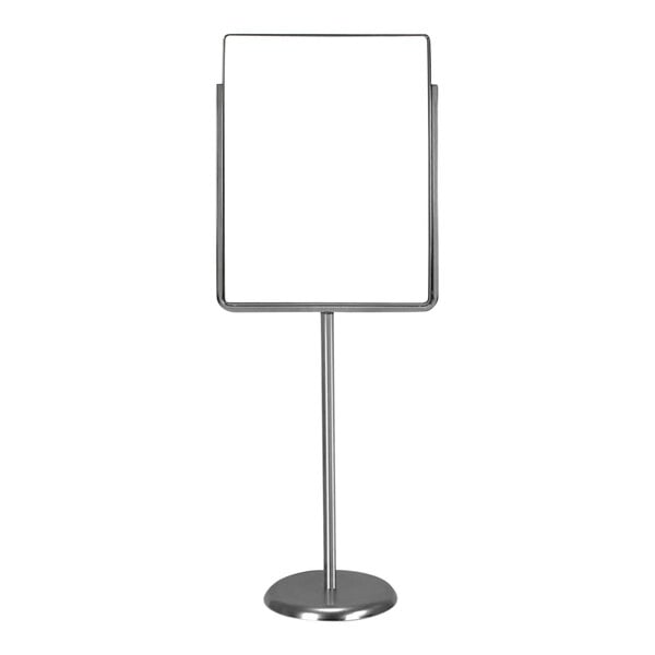 A white rectangular frame with a metal pole holding a white sign.