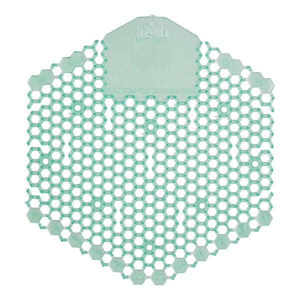 A green and white hexagon shaped mat with holes.