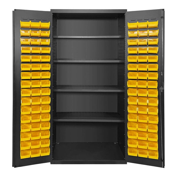 A black metal storage cabinet with yellow bins.