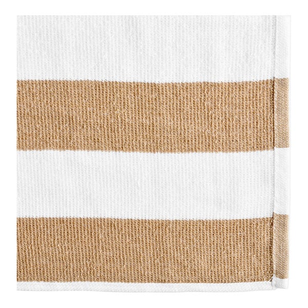 A close-up of an Oxford Playa Cabana tan pool towel with white and brown stripes.