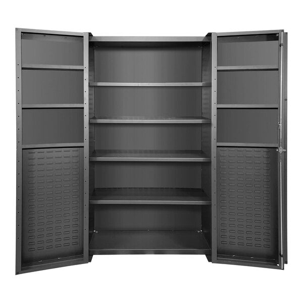 A black Valley Craft steel storage cabinet with shelves.