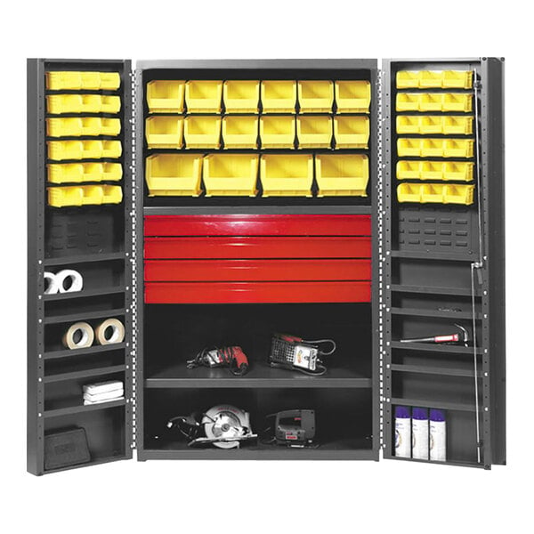 A black Valley Craft steel storage cabinet with yellow bins on the shelves.