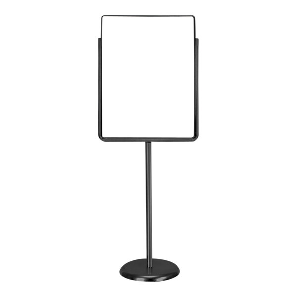 A black pole with a white board on a round base.