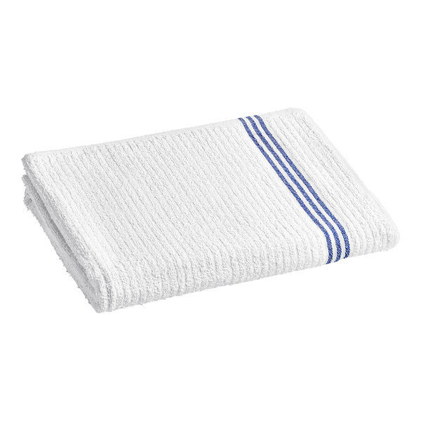 A white towel with blue stripes.