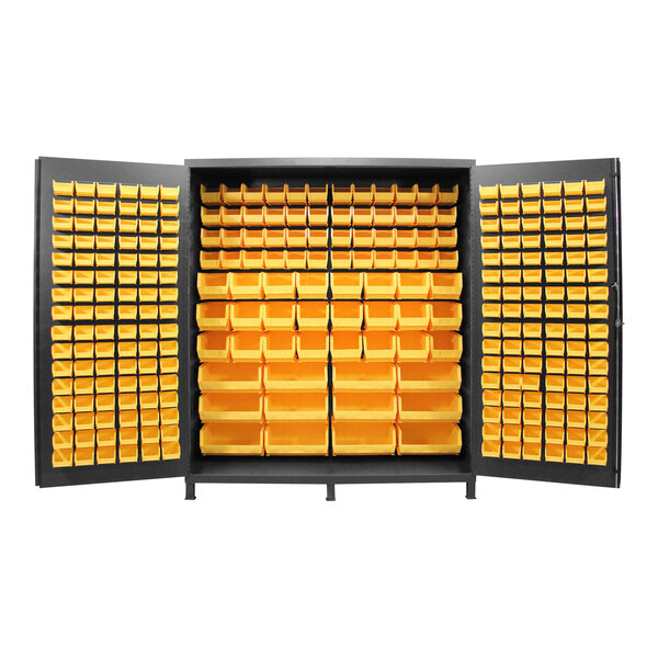 A large black storage cabinet with yellow bins inside.