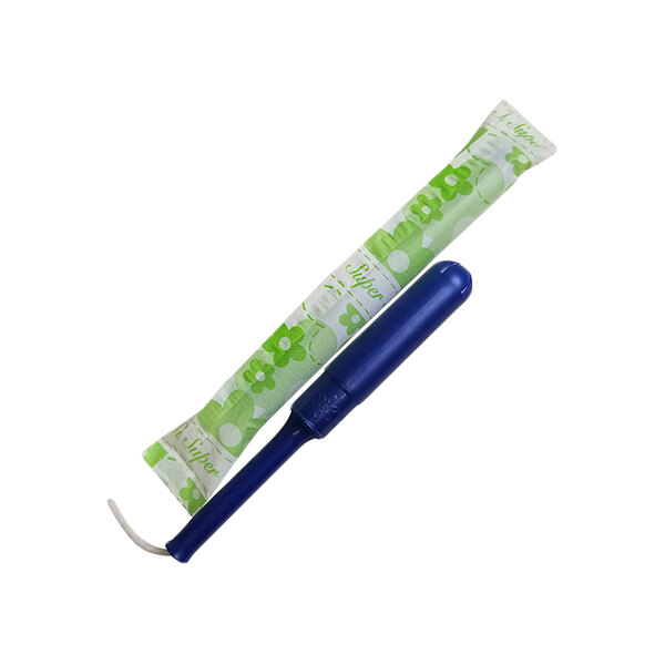A Hospeco Maxithins Comfort Plus unscented tampon with a blue plastic applicator and its green floral wrapper.