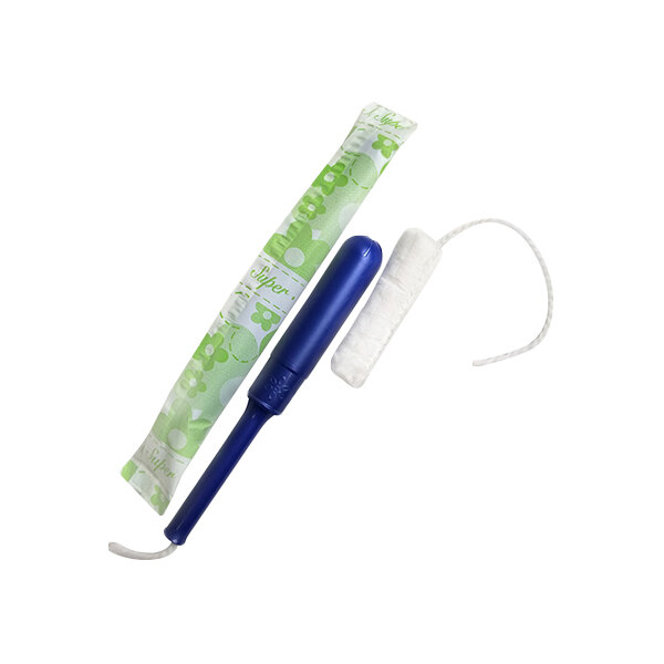 A Hospeco Maxithins Comfort Plus unscented tampon with a blue plastic applicator and individual wrapper.