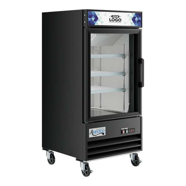 A black refrigerator with glass doors and a customizable sign panel.