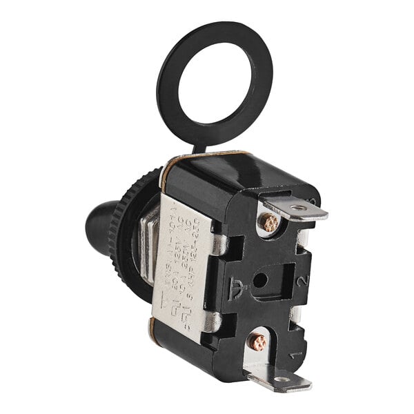 A black electrical toggle switch with a metal ring.