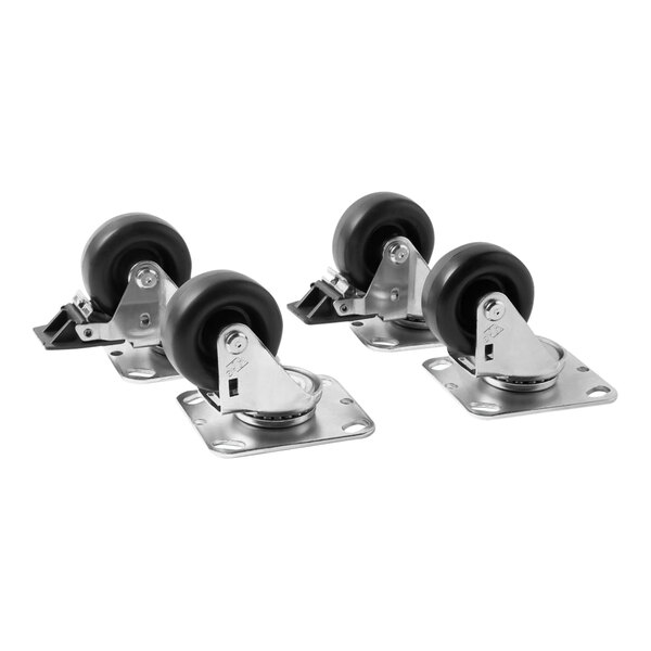 A group of Portacool casters with black wheels.