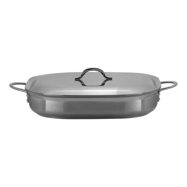 A silver Bon Chef stainless steel French oven with a lid.