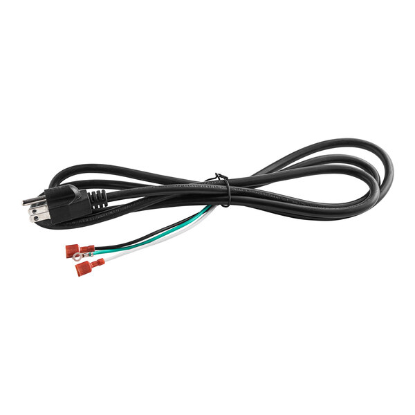 A black cable with two red and white wires.