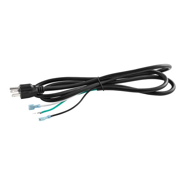 A black electrical cord with two wires.