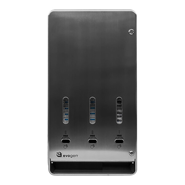 A silver rectangular stainless steel Hospeco Evogen sanitary napkin/tampon dispenser with buttons.