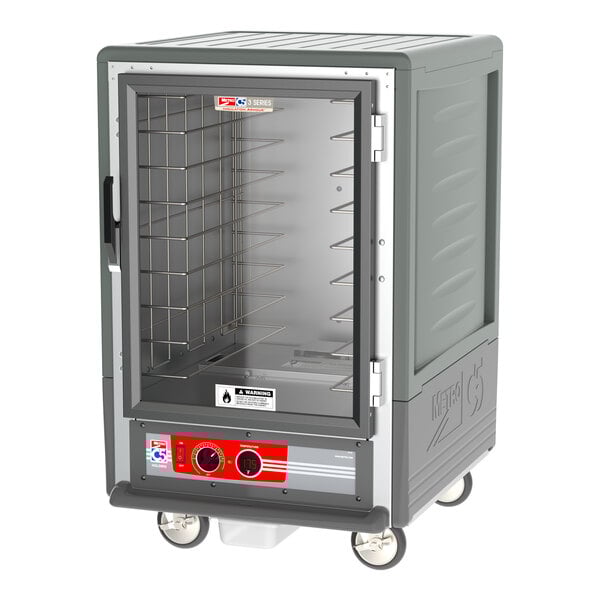 A large grey Metro C5 heated holding cabinet with a clear door.