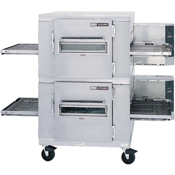 A large industrial Lincoln Impinger double stacked electric conveyor oven with two doors.