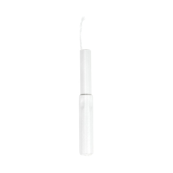 A white unscented tampon with a cardboard applicator and visible string.