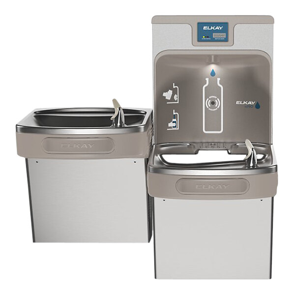 A Zurn stainless steel bi-level drinking fountain with a bottle filling station.