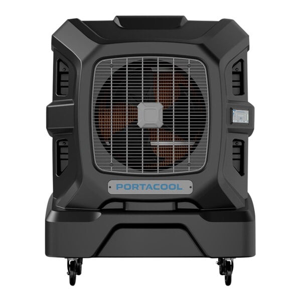 A black Portacool box with a metal grid and wheels.