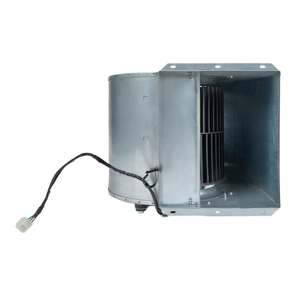 A metal fan and motor assembly with wires attached.