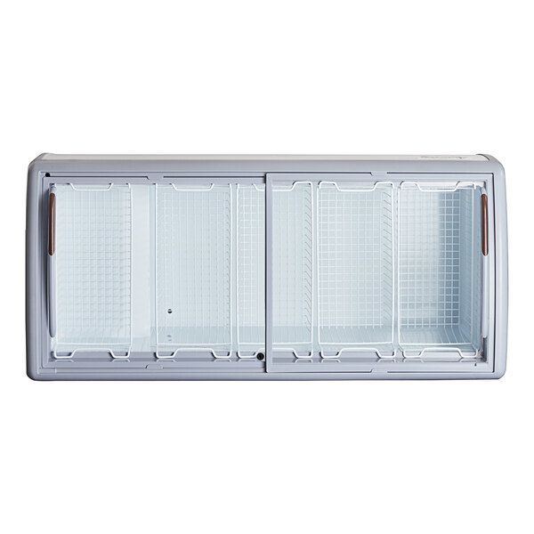 An Avantco curved glass top display freezer with two open glass doors.