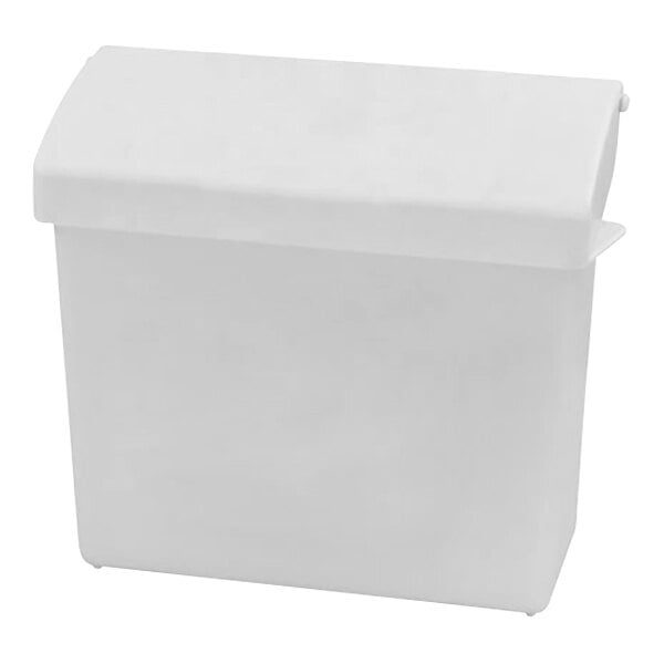 A white plastic surface-mounted sanitary napkin receptacle with a lid.