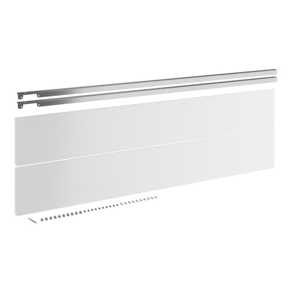 A white rectangular sneeze guard with metal rods.