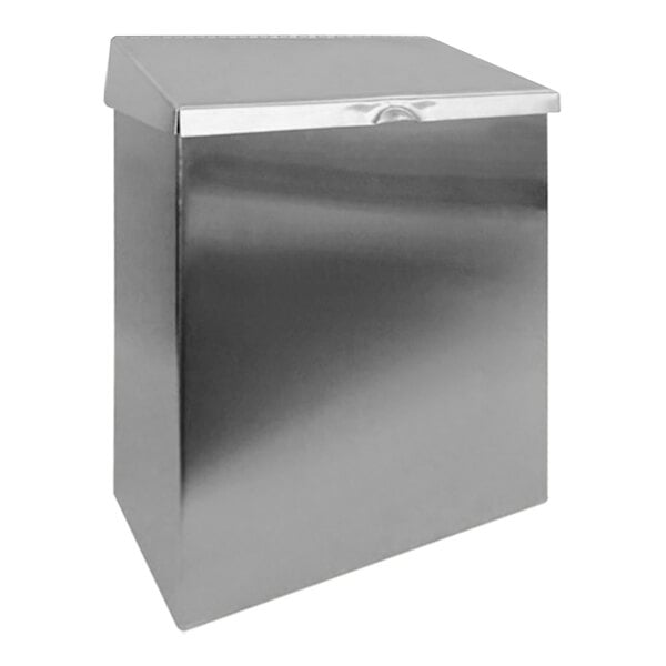 A stainless steel Hospeco sanitary napkin receptacle with a hinged lid.