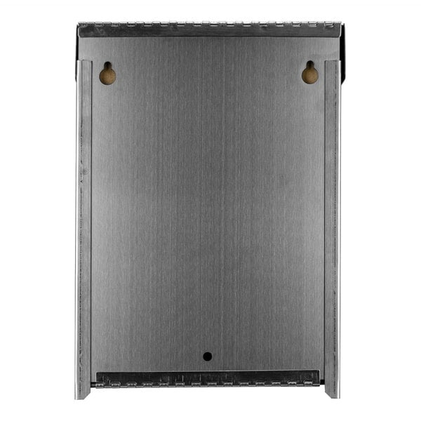 A stainless steel surface-mounted sanitary napkin receptacle with a hinged bottom.