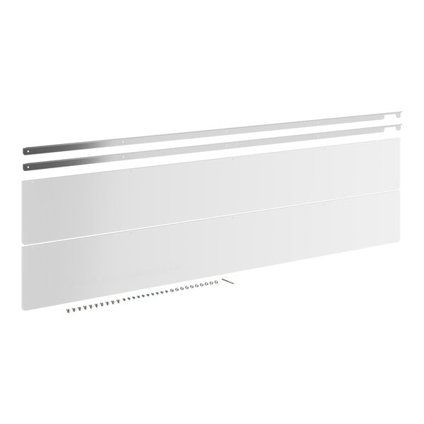 A white rectangular sneeze guard with metal rods.