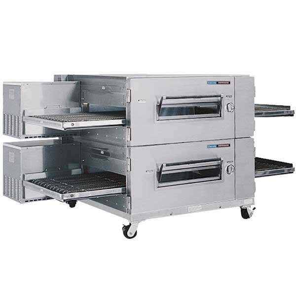 A Lincoln Impinger conveyor oven with three racks on wheels.