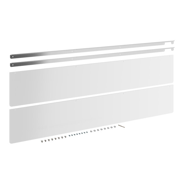 A white rectangular metal sneeze guard with screws.