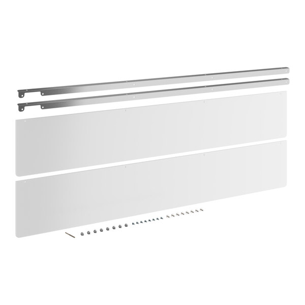 A white rectangular sneeze guard with metal rods.