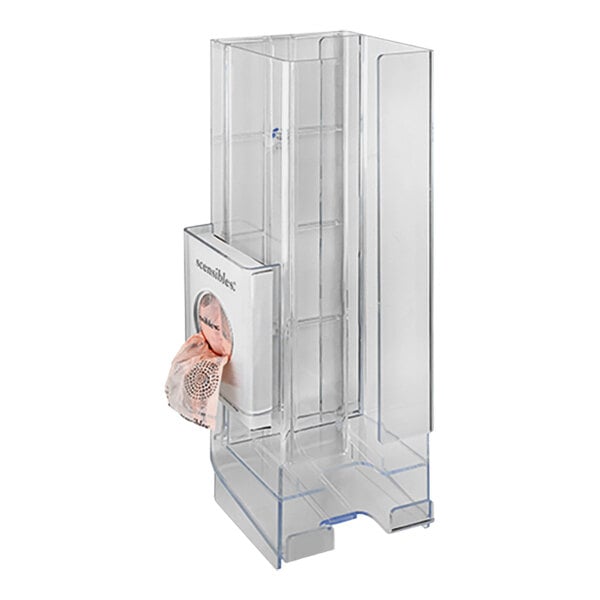 A clear plastic Hospeco Comfort Plus dual sanitary napkin/tampon dispenser.