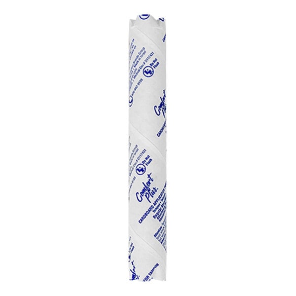 A white and blue roll of paper with black and blue writing that reads "Hospeco Maxithins Comfort Plus Unscented Tampon for Feminine Hygiene Dispensers"