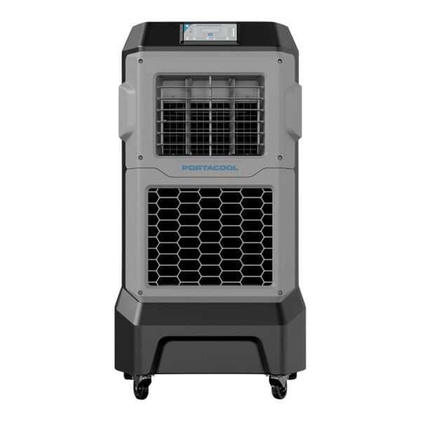 A white and black Portacool Apex 700 portable evaporative cooler on wheels.