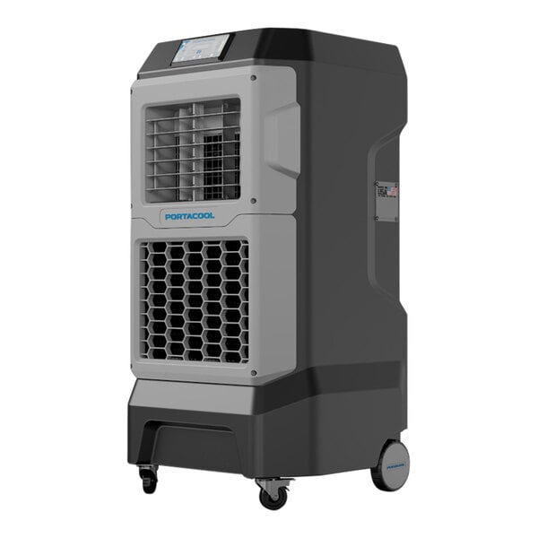 A large grey and white Portacool Apex 700 portable evaporative cooler with grids and wheels.
