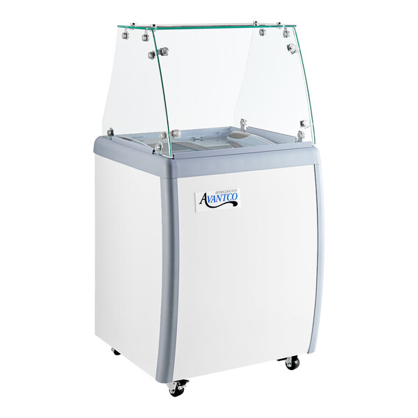 An Avantco gelato dipping cabinet with a clear glass top.