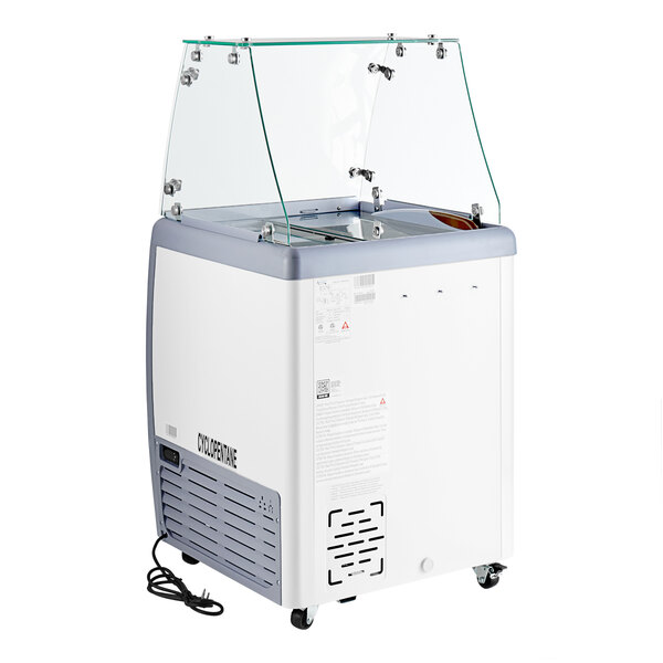 A white and grey Avantco gelato dipping cabinet with clear glass covers.