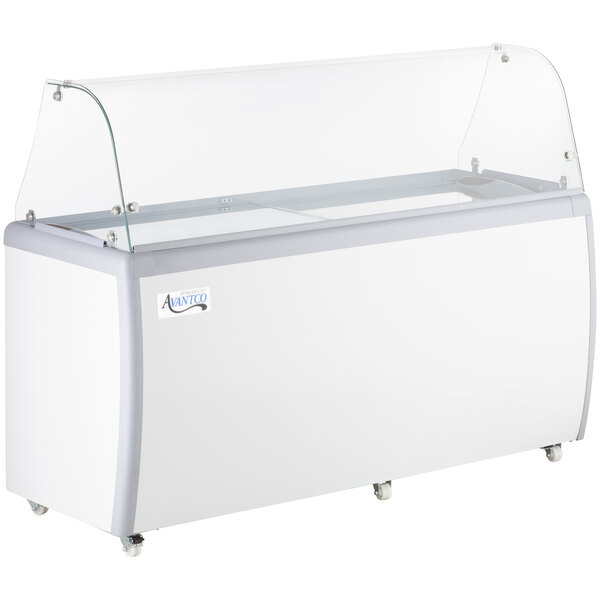 An Avantco ice cream dipping cabinet with a clear glass top.